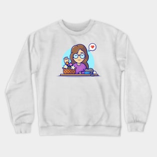 Cute Girl and Flower Bucket, Cat, Book Cartoon Vector Icon Illustration Crewneck Sweatshirt